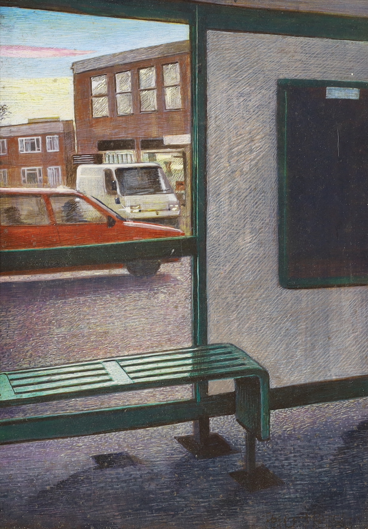 Peter Messer (Lewes artist, b.1954), egg tempura on gesso ground on board, Bus Stop before vehicles, signed, inscribed verso, 22 x 16cm
